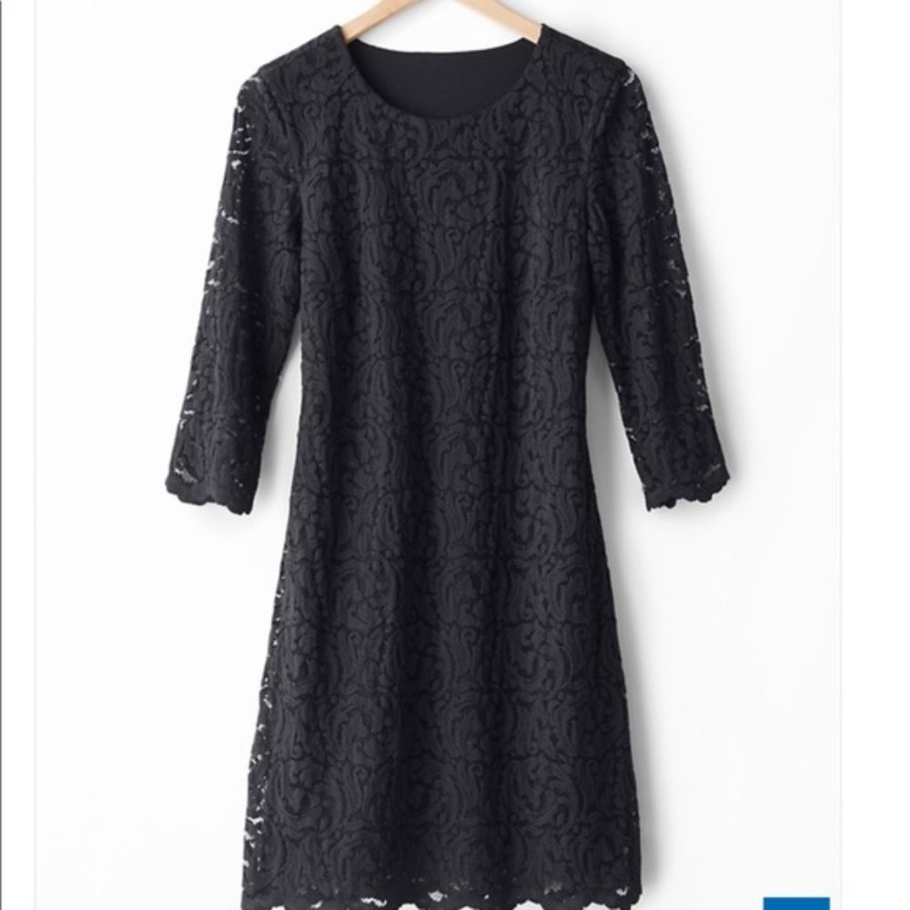 Garnet Hill ~new ~Black Lace Three Quarter Sleeve Sheath Dress in size 12